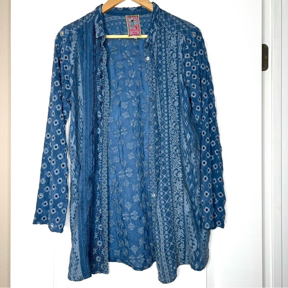 Johnny Was blue embroidered button down top size small
